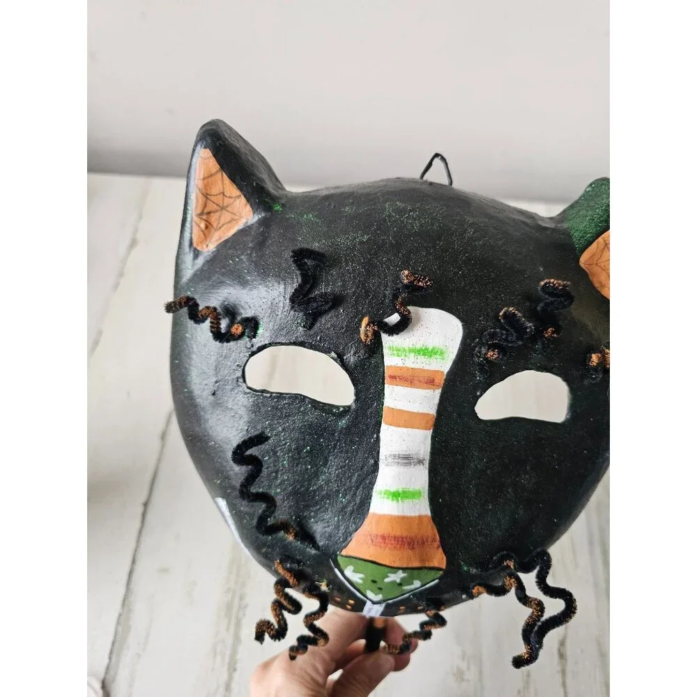Shabby chic cat mask‎ Halloween decor unique black glitter